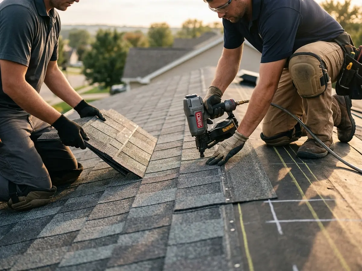 Professional roofer working on a residential roof in Hanford